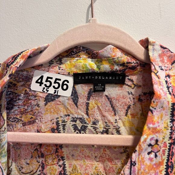 Jane Delancey Womens Multicolor Shirt Top 1X Button Up Rayon Pleated Long Sleeve - Picture 6 of 9